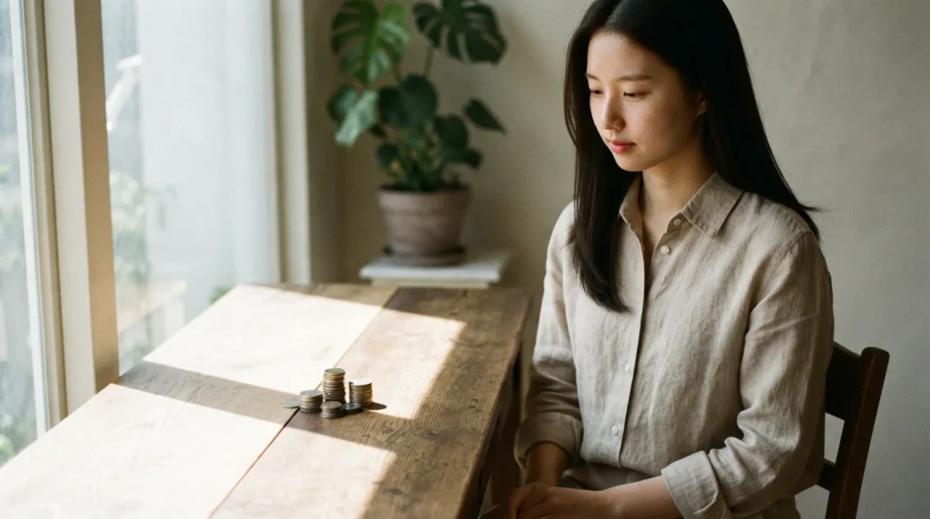 창가 탁자에 놓인 동전을 바라보며 생각에 잠긴 여성. 법원 홈플러스 회생계획 이후의 자금 대책 고민.
