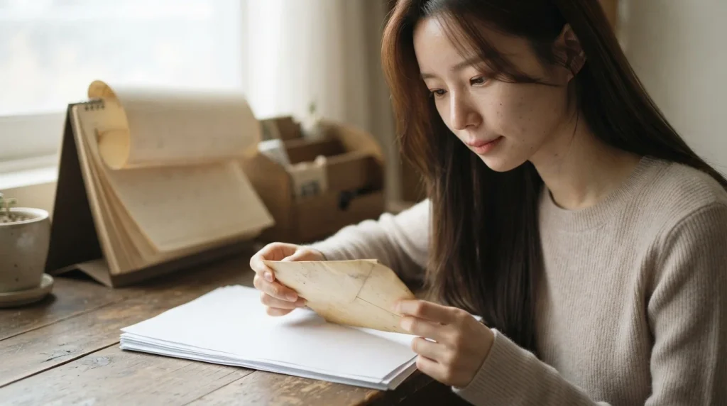 책상에서 봉투를 들고 상속세 면제한도와 사전증여 재산을 고민하는 여성.