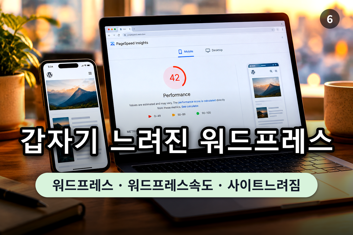 느려진 워드프레스 글을 스마트폰으로 열어 둔 채 PageSpeed Insights 모바일 결과의 LCP 값을 띄운 노트북 화면