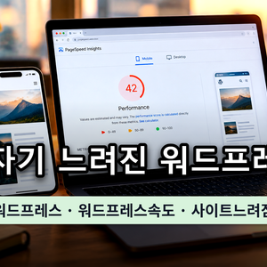 느려진 워드프레스 글을 스마트폰으로 열어 둔 채 PageSpeed Insights 모바일 결과의 LCP 값을 띄운 노트북 화면