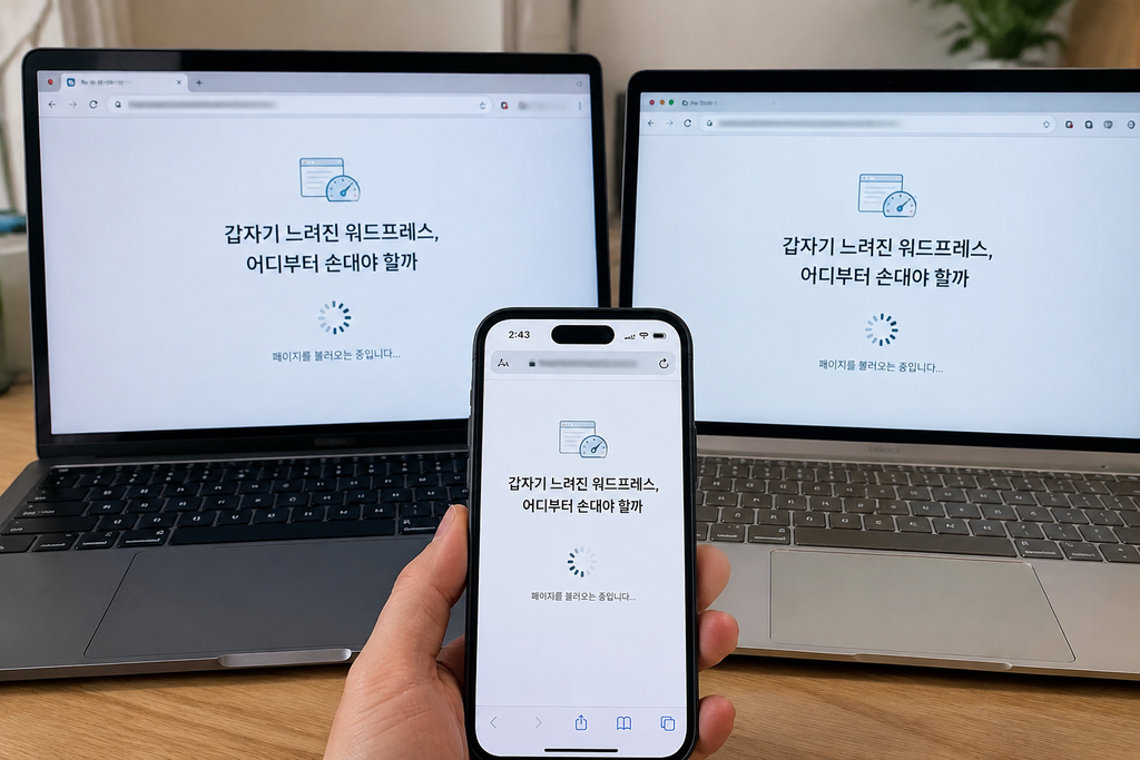 같은 글 주소를 PC의 두 브라우저와 스마트폰에서 열어 로딩 상태를 비교한 화면, 주소창 도메인은 모자이크 처리