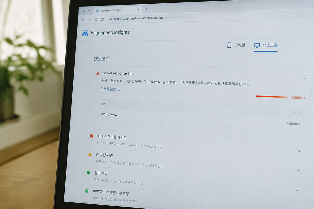 PageSpeed Insights 진단 항목에서 Server Response Time 인사이트를 펼친 화면