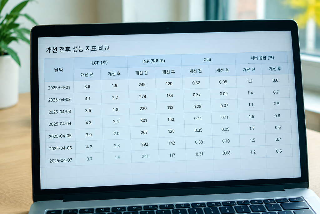 개선 전후 LCP·INP·CLS와 서버 응답 값을 날짜별로 나란히 기록한 표