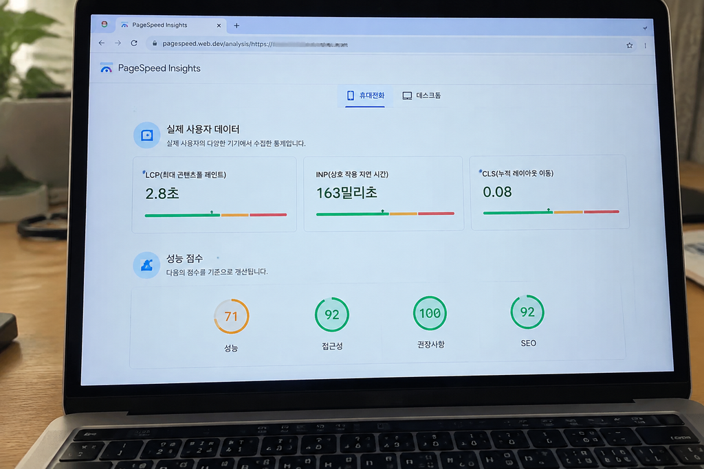 PageSpeed Insights 결과에서 위쪽 실사용자 영역의 LCP·INP·CLS 값과 아래쪽 성능 점수 원을 함께 캡처한 화면, 도메인은 모자이크 처리