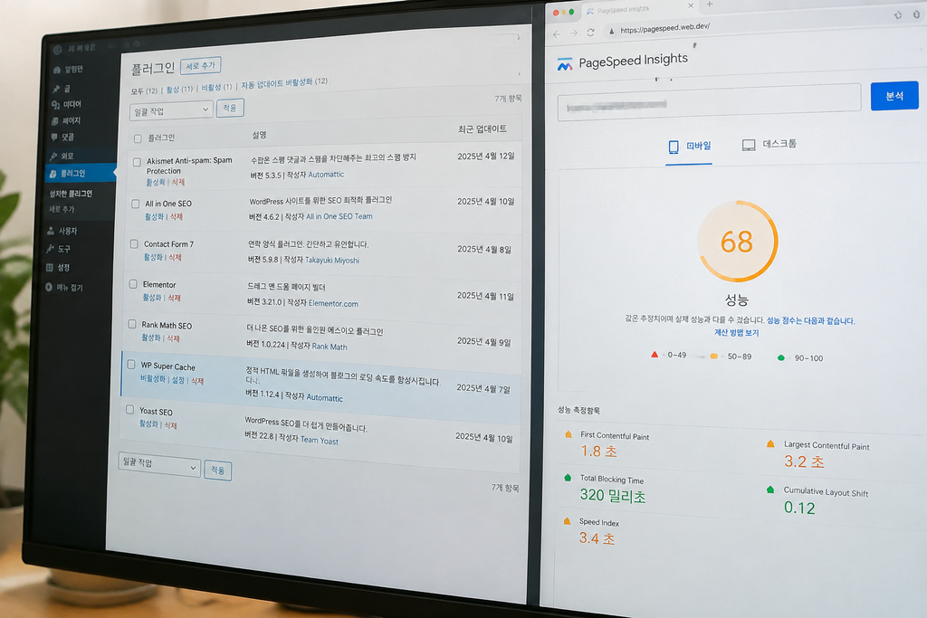 플러그인 목록에서 최근 업데이트 날짜가 보이는 화면과 하나를 비활성화한 뒤 다시 잰 PageSpeed Insights 성능 점수, 관리자 주소는 모자이크 처리