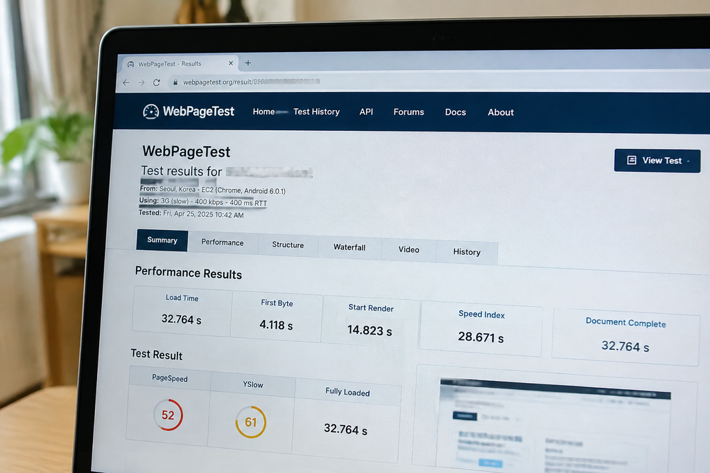 WebPageTest에서 느린 3G와 구형 기기 조건을 골라 같은 주소를 측정한 결과 화면, 도메인은 모자이크 처리