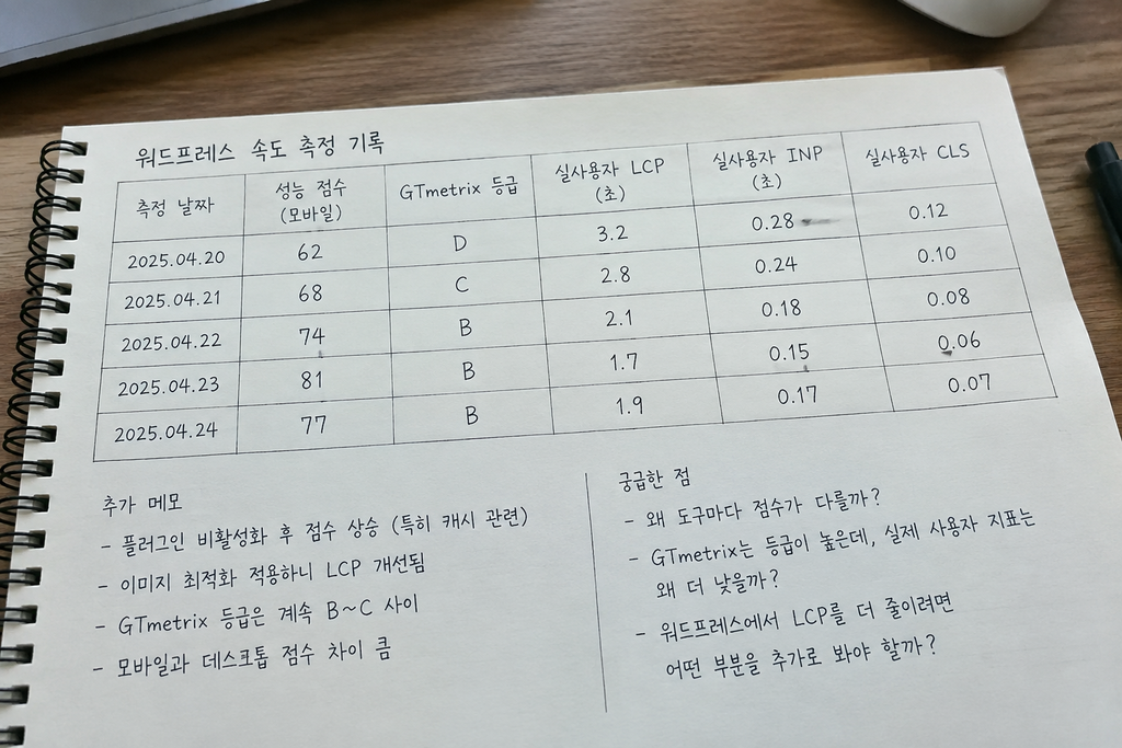 측정 날짜, 성능 점수, GTmetrix 등급, 실사용자 LCP·INP·CLS를 칸을 나눠 적은 기록표