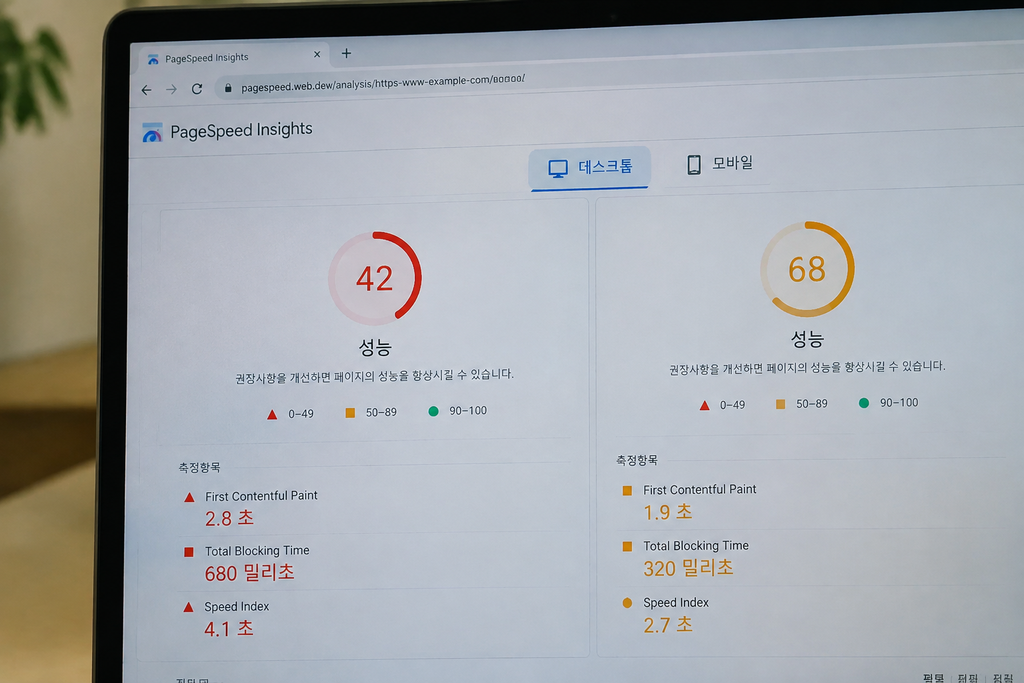 PageSpeed Insights 결과 화면에서 데스크톱 탭과 모바일 탭 점수를 나란히 캡처한 화면