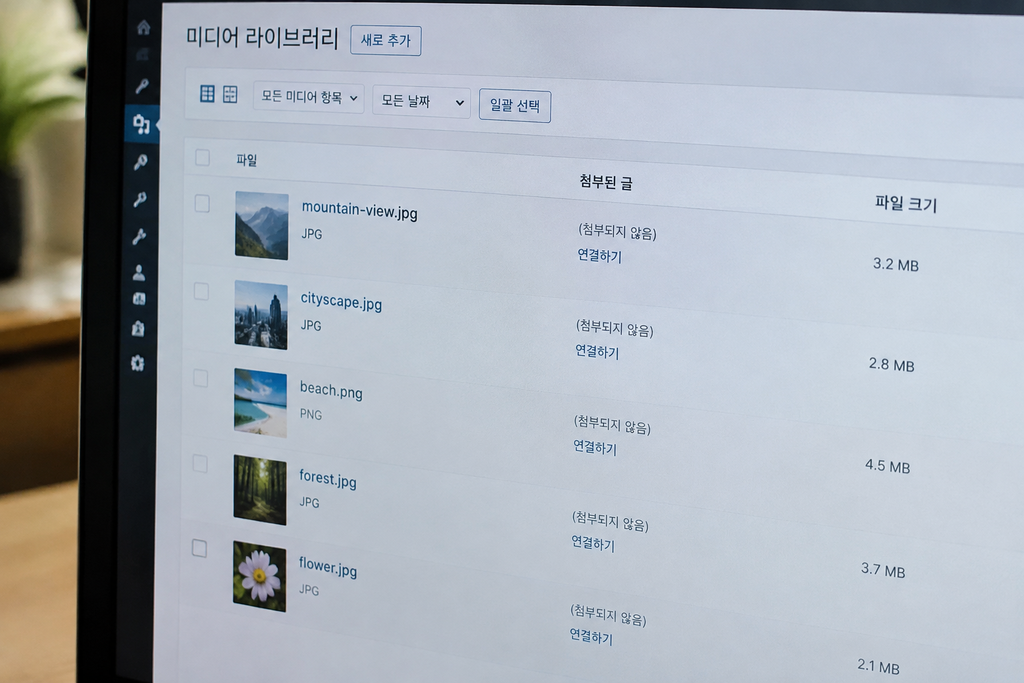 미디어 라이브러리에서 대표 사진 파일 용량이 크게 표시된 화면
