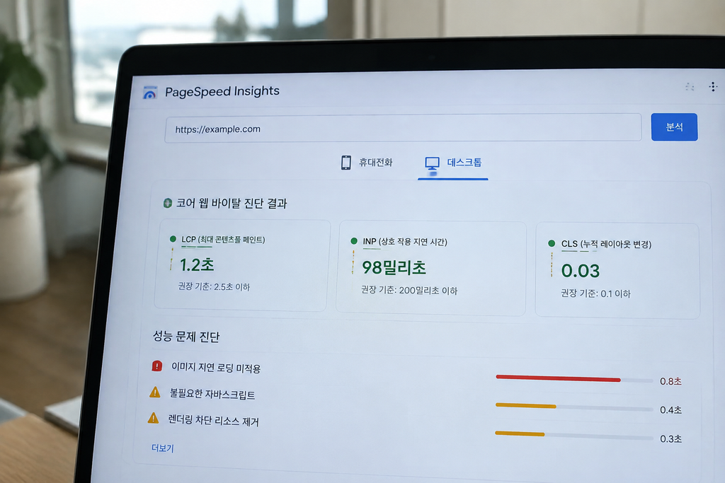 PageSpeed Insights 진단 항목에서 LCP·INP·CLS 통과 기준이 표시된 화면