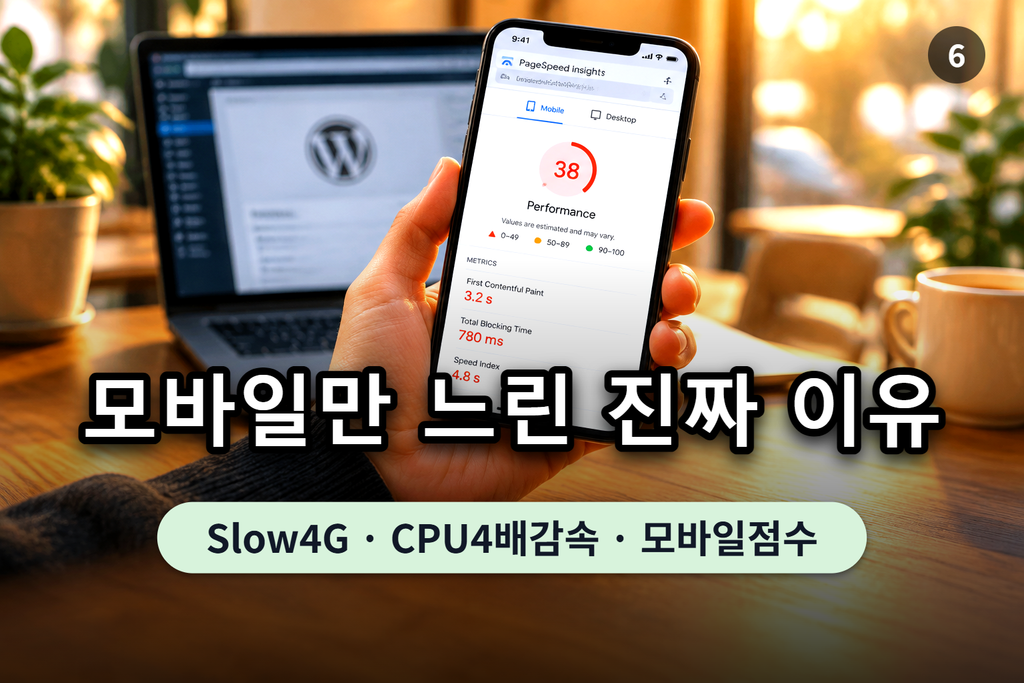 PageSpeed Insights 모바일 탭에 낮은 점수가 떠 있는 화면
