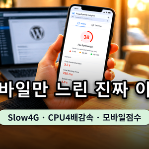 PageSpeed Insights 모바일 탭에 낮은 점수가 떠 있는 화면