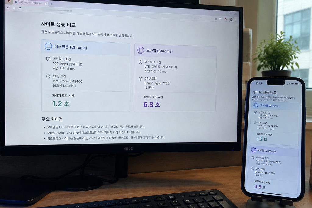 데스크톱 탭과 모바일 탭의 네트워크·CPU 조건 비교가 보이는 화면