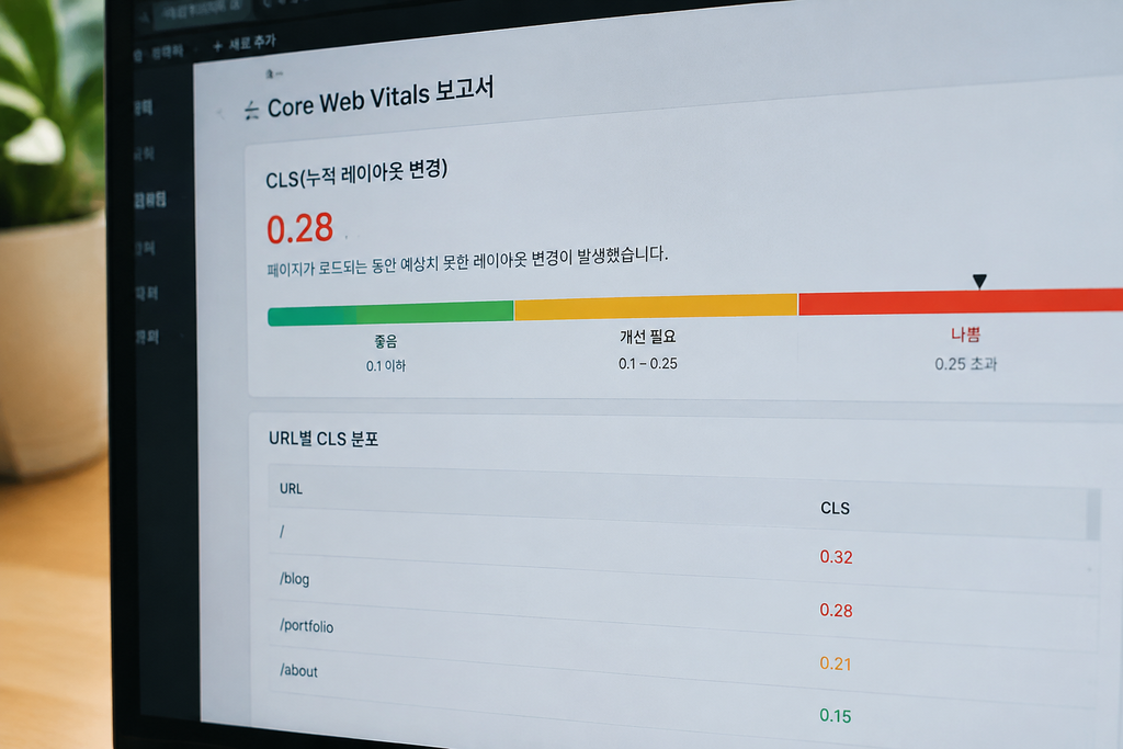 CLS 점수별 좋음·개선 필요·나쁨 색상 구간 화면
