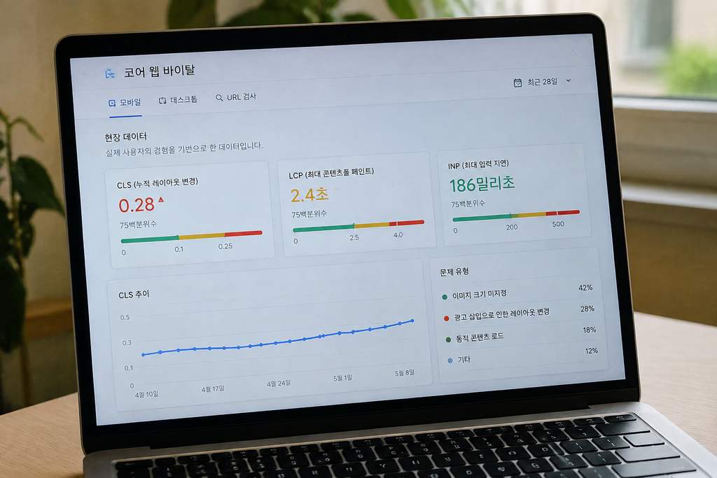 현장 데이터의 75백분위 표기와 CLS 수치가 함께 보이는 화면