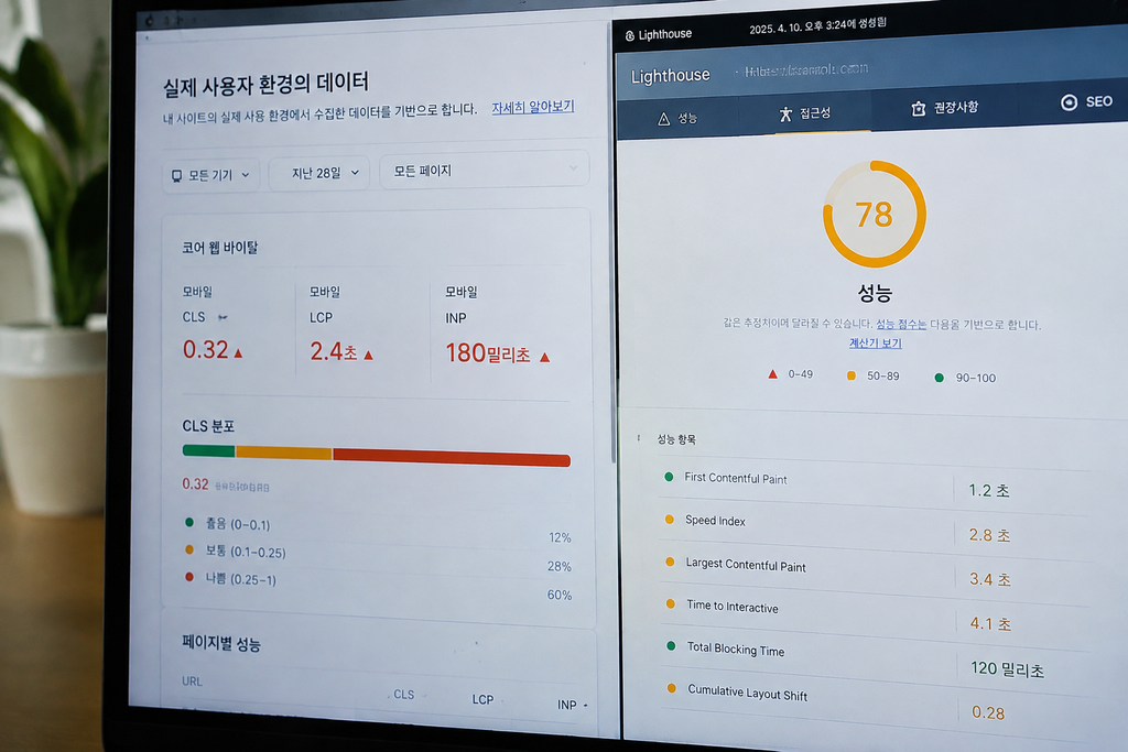 현장 데이터와 Lighthouse 실험실 데이터 점수가 다르게 표시된 화면