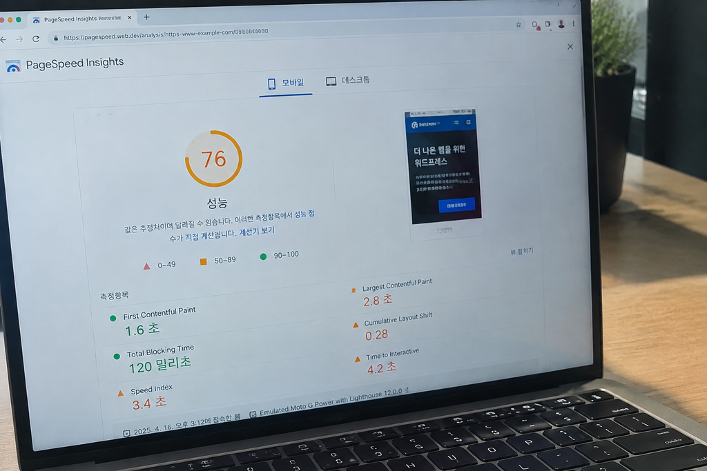 수정 반영 후 재측정한 PageSpeed Insights 결과 화면