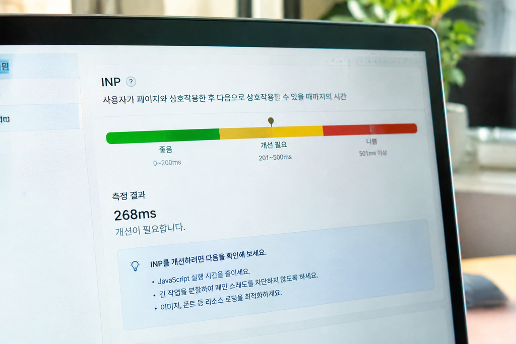 INP 결과가 좋음·개선 필요·나쁨 중 한 구간으로 표시된 화면