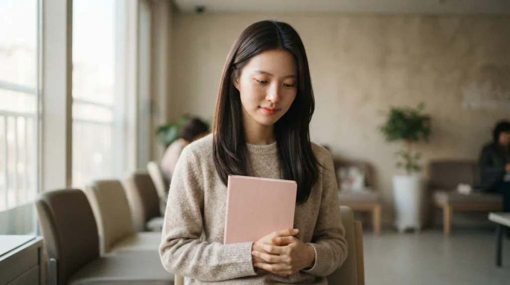분홍색 수첩을 소중히 품에 안고 병원 대기실에서 순서를 기다리는 여성