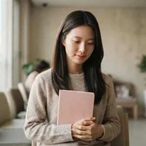 분홍색 수첩을 소중히 품에 안고 병원 대기실에서 순서를 기다리는 여성