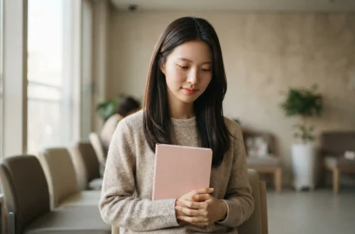 분홍색 수첩을 소중히 품에 안고 병원 대기실에서 순서를 기다리는 여성