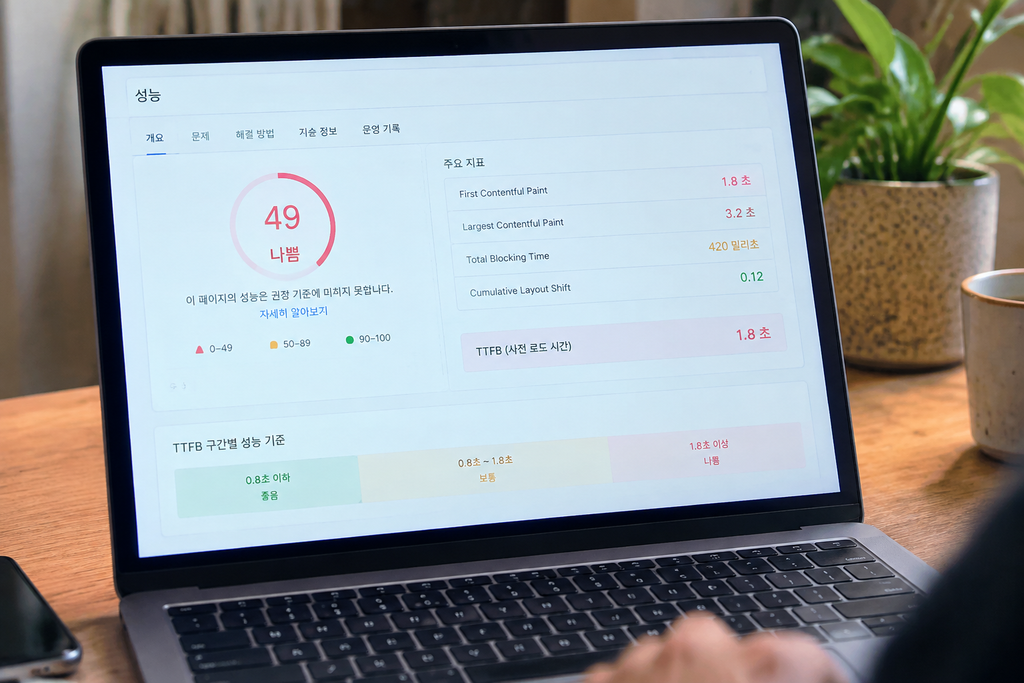 TTFB 수치와 0.8초·1.8초 구간 표시 화면