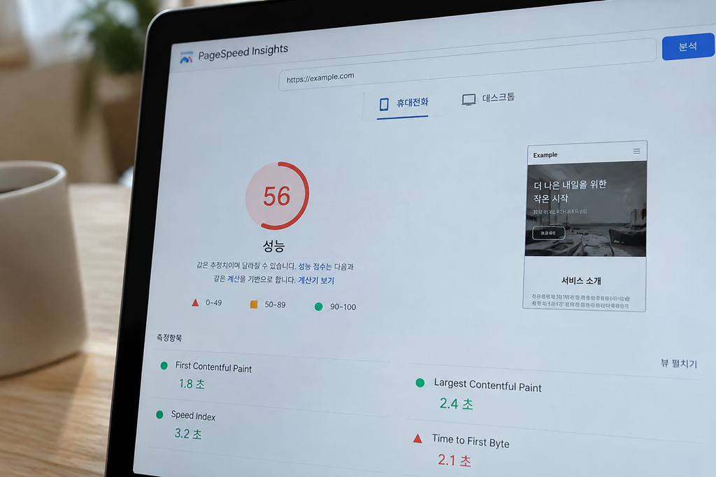 LCP는 양호, TTFB는 나쁨으로 갈린 PageSpeed 결과 화면