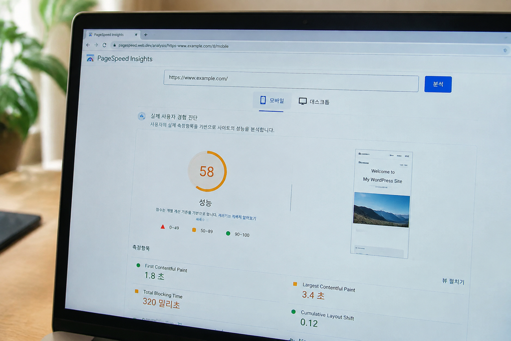 Google PageSpeed Insights 결과 화면에서 모바일·데스크톱 탭이 나뉜 모습