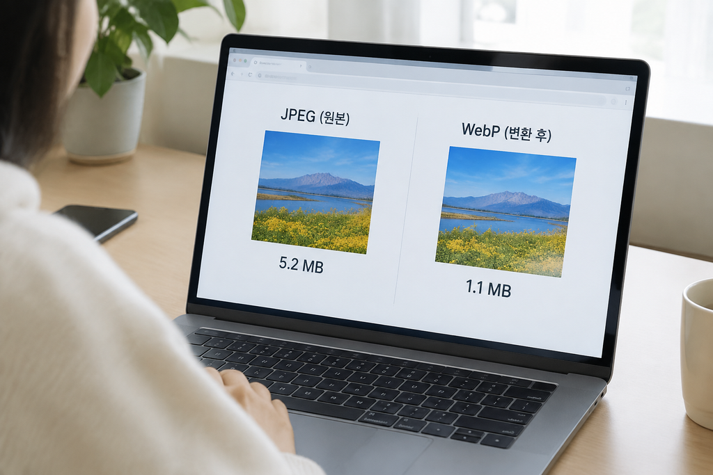 WebP로 변환된 이미지와 원본 JPEG의 파일 용량을 나란히 비교한 화면