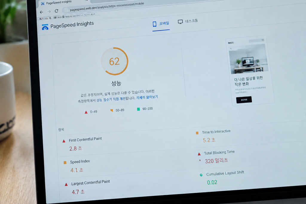 PageSpeed Insights에서 모바일 점수와 LCP 항목이 표시된 결과 화면