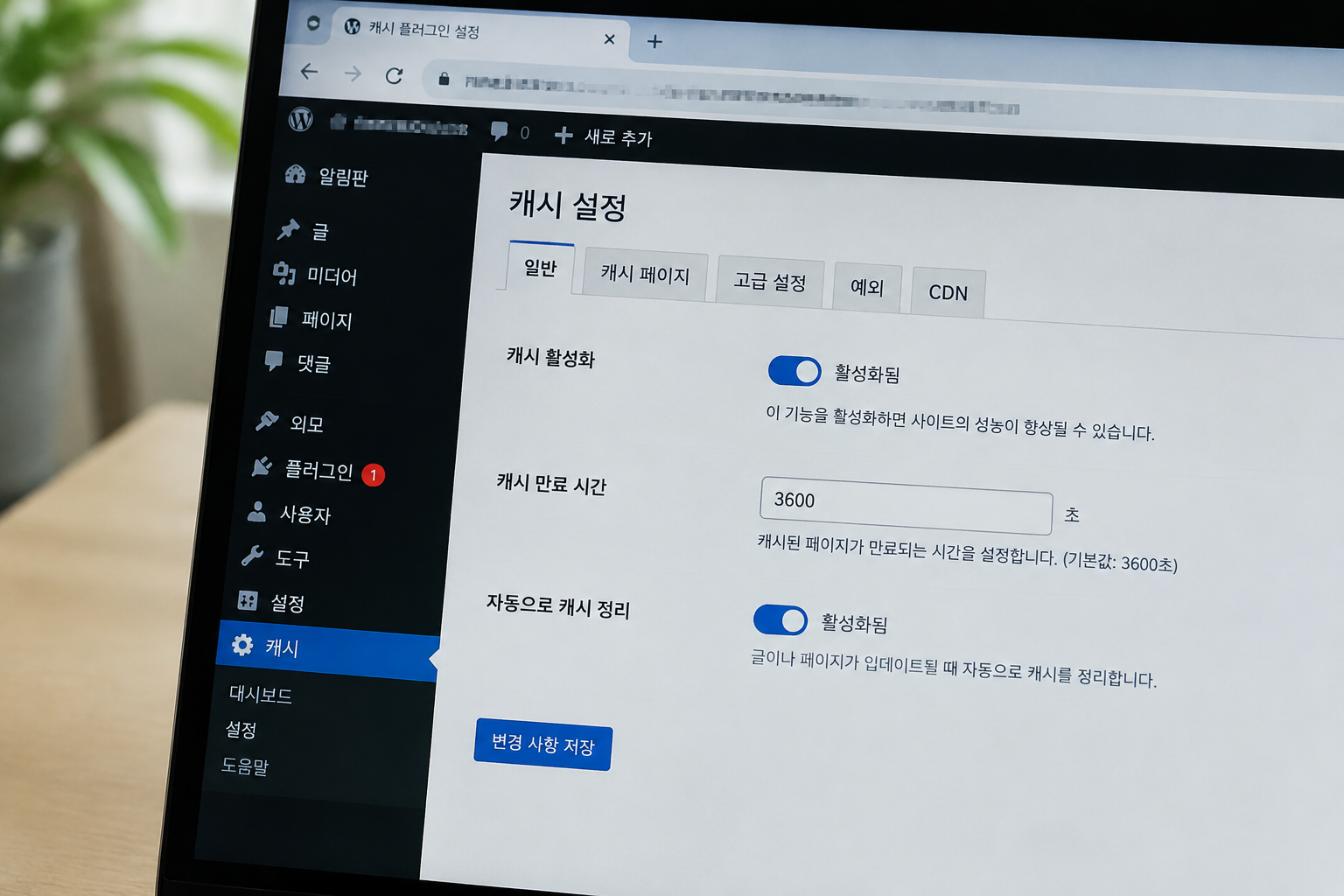 캐시 플러그인 설정 화면에서 활성화 토글이 켜짐으로 표시된 부분, 관리자 주소는 모자이크 처리