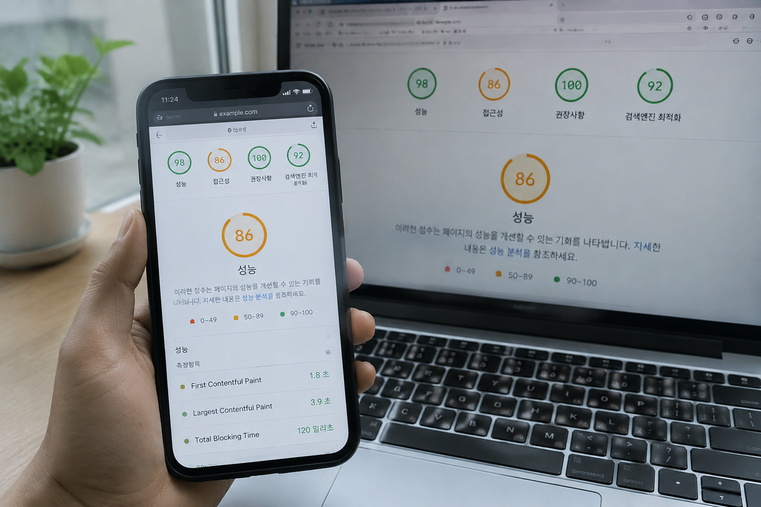 데스크톱은 양호, 모바일은 개선 필요로 LCP 결과가 갈린 PageSpeed Insights 비교 화면