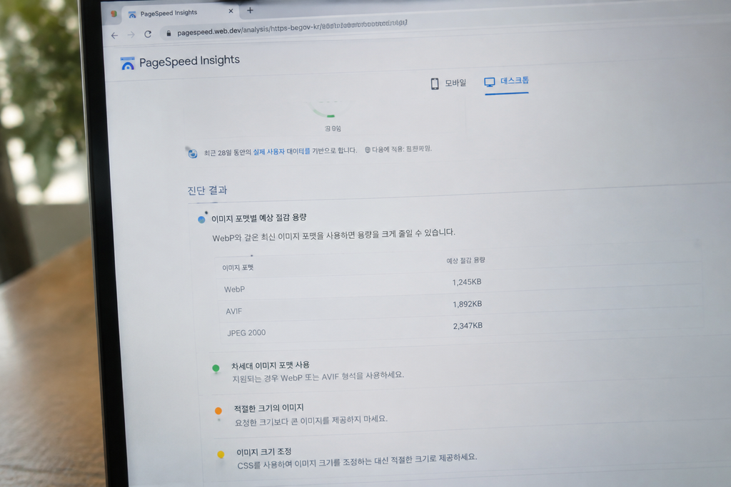 PageSpeed Insights 결과 화면에 표시된 이미지 포맷별 예상 절감 용량(KB) 항목