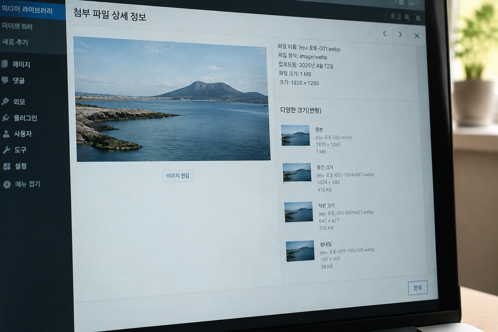 미디어 라이브러리에서 한 파일명의 여러 크기 변형이 나열된 상세 화면
