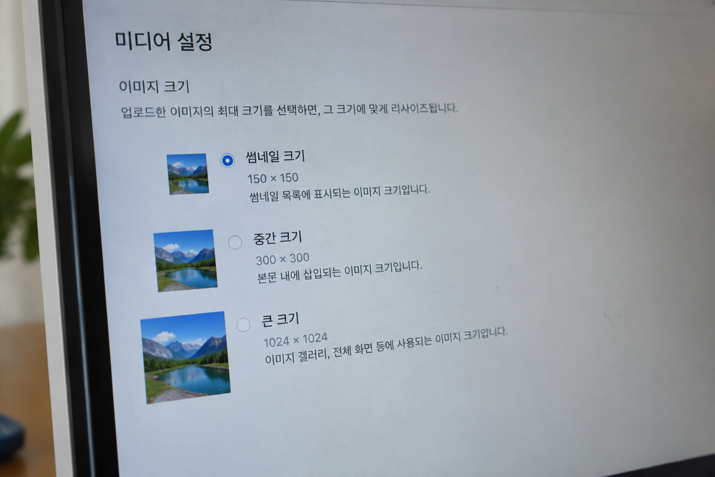 미디어 설정 화면의 썸네일 크기, 중간 크기, 큰 크기 항목