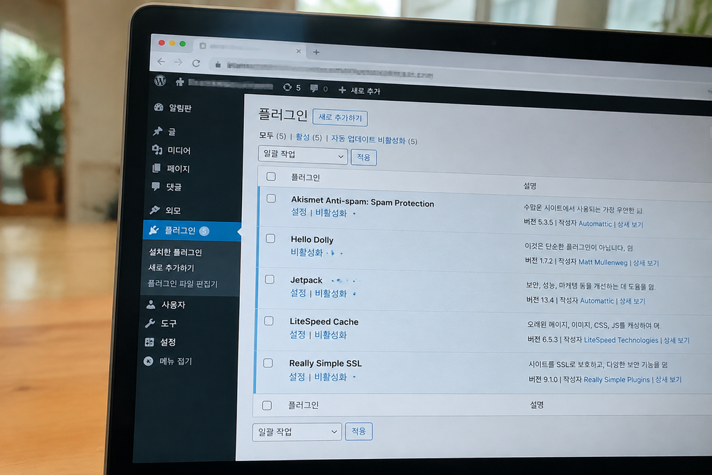 워드프레스 플러그인 목록과 적용 중인 테마 화면, 관리자 주소와 도메인은 모자이크 처리