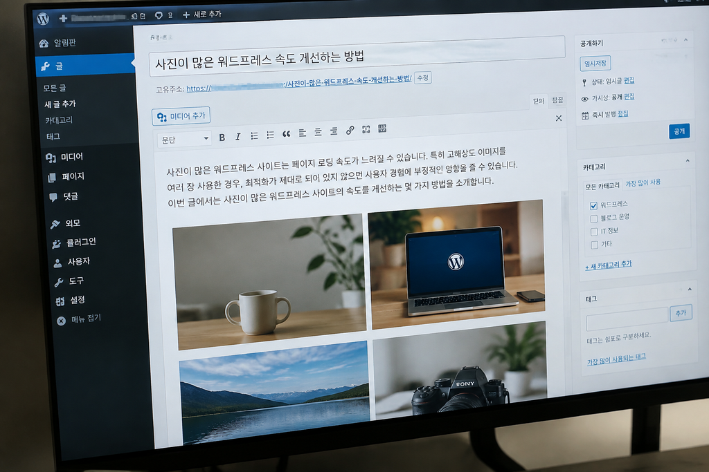 사진이 여러 장 이어진 워드프레스 글 편집 화면, 관리자 주소는 모자이크 처리
