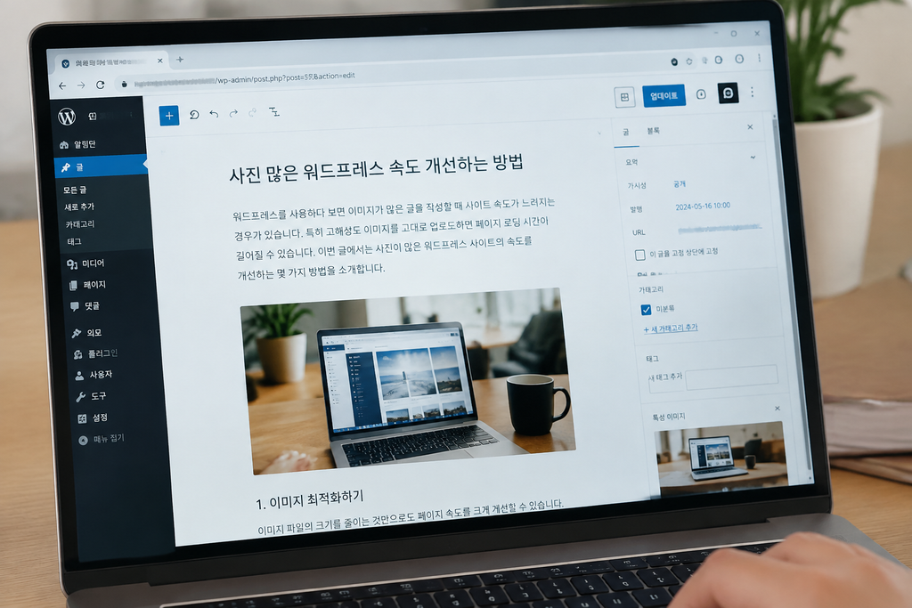 워드프레스 글 편집 화면에서 실제 표시 크기를 살펴보는 사진, 도메인은 모자이크 처리