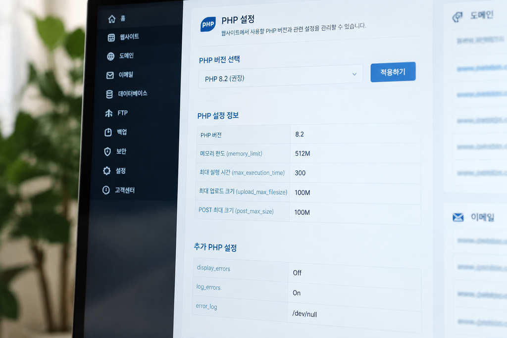 호스팅 관리 화면의 PHP 관련 항목, 도메인과 이메일은 모자이크 처리