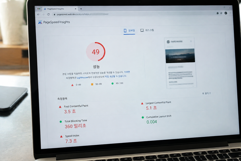 PageSpeed Insights에서 선택한 페이지를 측정한 결과 화면, 도메인은 모자이크 처리