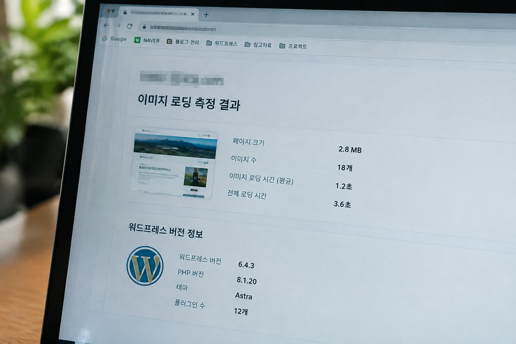 같은 페이지의 이미지 로딩 측정 결과와 워드프레스 버전을 함께 적은 화면, 도메인은 모자이크 처리