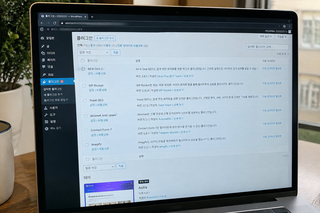 워드프레스 플러그인 목록과 사용 중인 테마 화면, 관리자 주소는 모자이크 처리