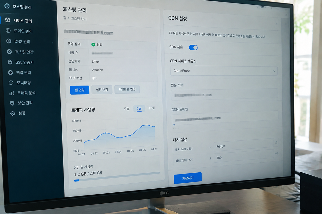 호스팅 관리 화면과 사용 중인 CDN 설정 화면, 도메인과 이메일은 모자이크 처리